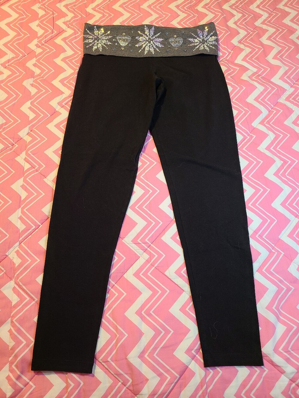 VTG VS PINK YOGA Bling Snowflake Foldover Cotton Leggings Size M - Picture 3 of 7